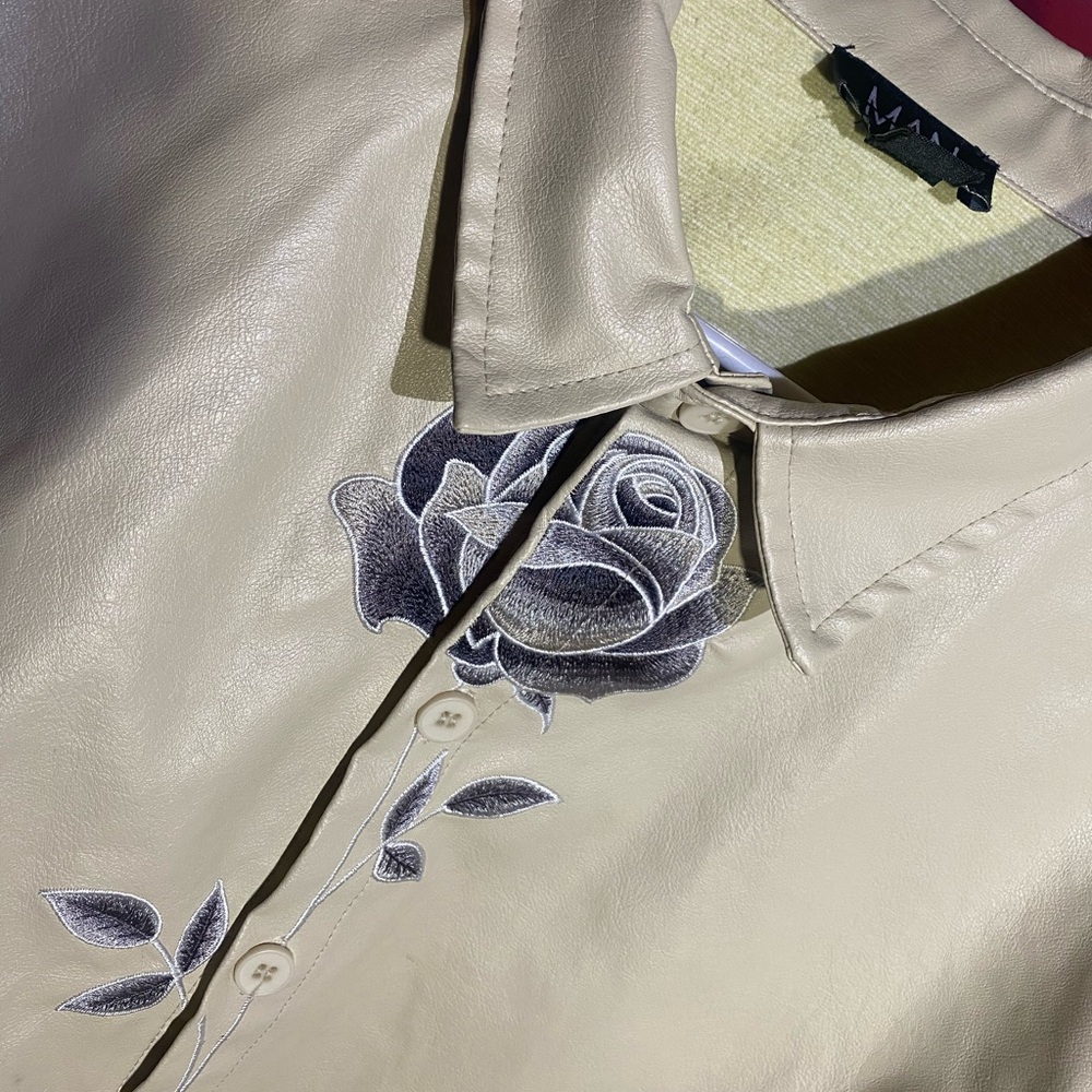 BoohooMAN Tan Leather Rose Jacket 
Floral Embroidery
